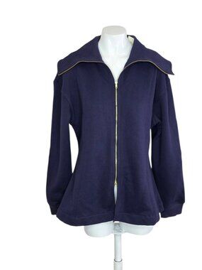 Anthropologie Maeve Long-Sleeve Zip-Front Sweater, Dark Blue, Soft Cotton Fleece